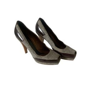 Marni Brown Tweed Peep Toe Platform Pumps with Leather Trim and Wood Heel